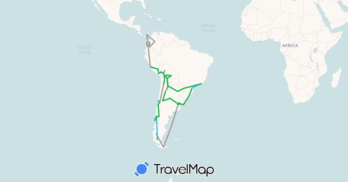 TravelMap itinerary: driving, bus, plane, boat, hitchhiking in Argentina, Bolivia, Brazil, Chile, Colombia, Ecuador, Panama, Peru, Uruguay (North America, South America)